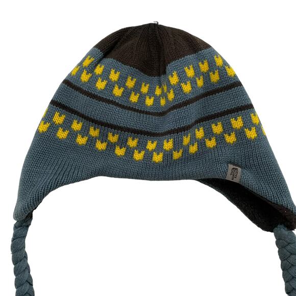 THE NORTH FACE Kids Knit Earflap Beanie in Blue Yellow Gray Size Medium Youth - Picture 3 of 8
